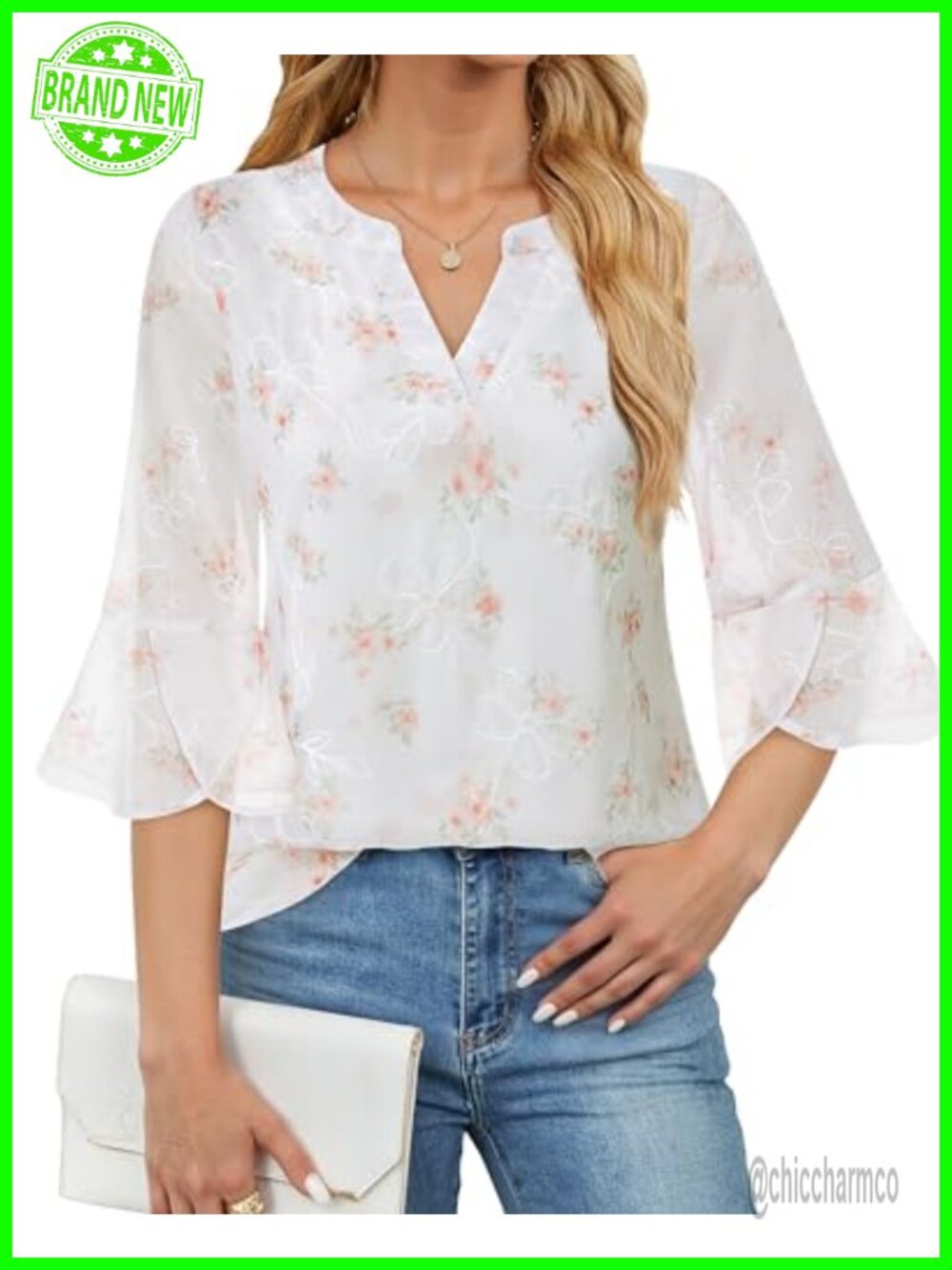 Womens 3/4 Sleeve Chiffon Blouse Floral Embroidered V-Neck Work Top